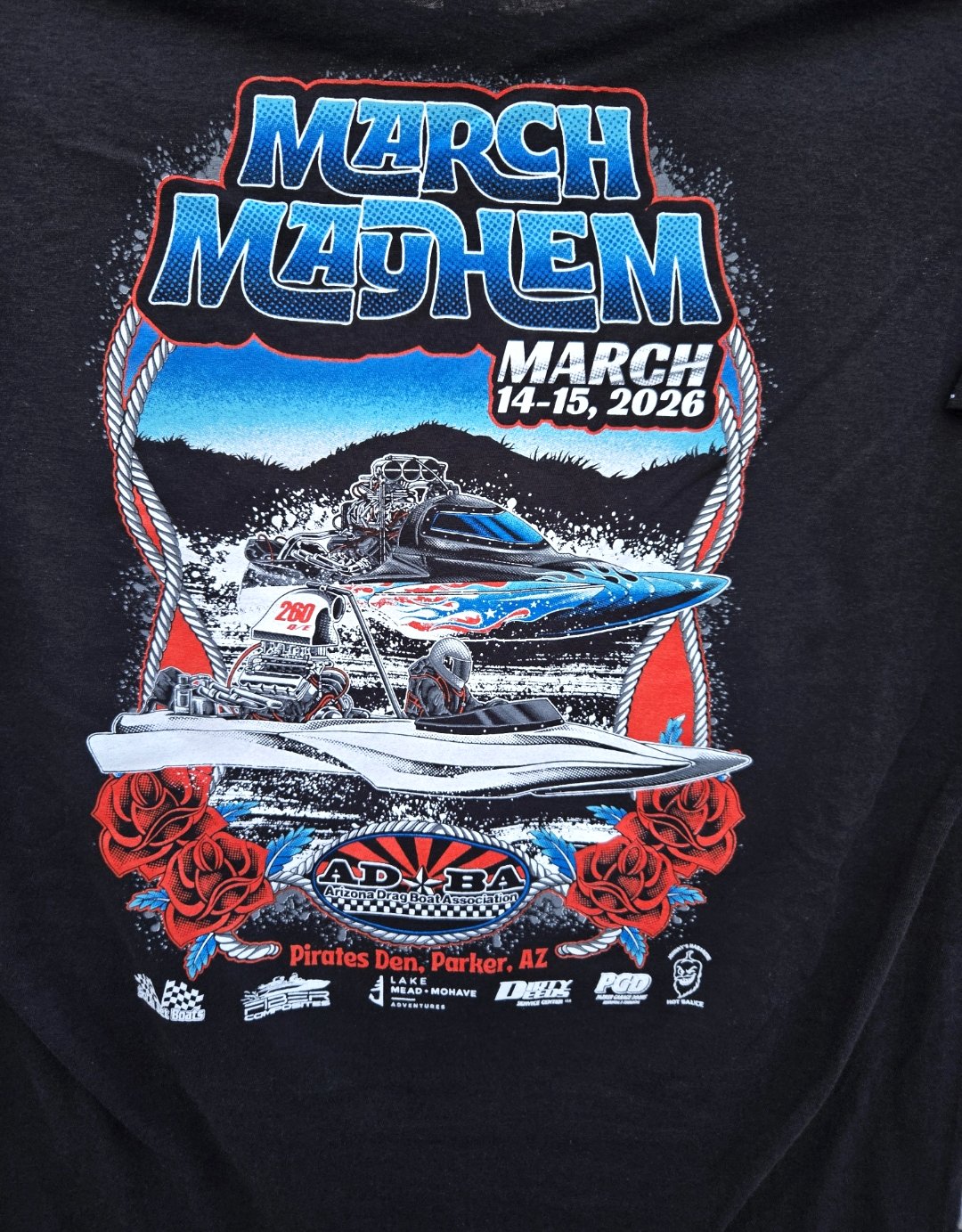 ADBA March Mayhem 2026 event shirt — Arizona Drag Boat Association — Russell's Print Shop