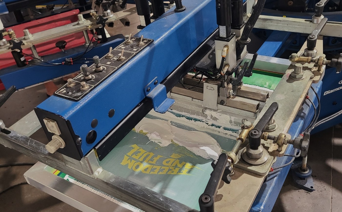 Screen printing press at Russell's Print Shop Las Vegas