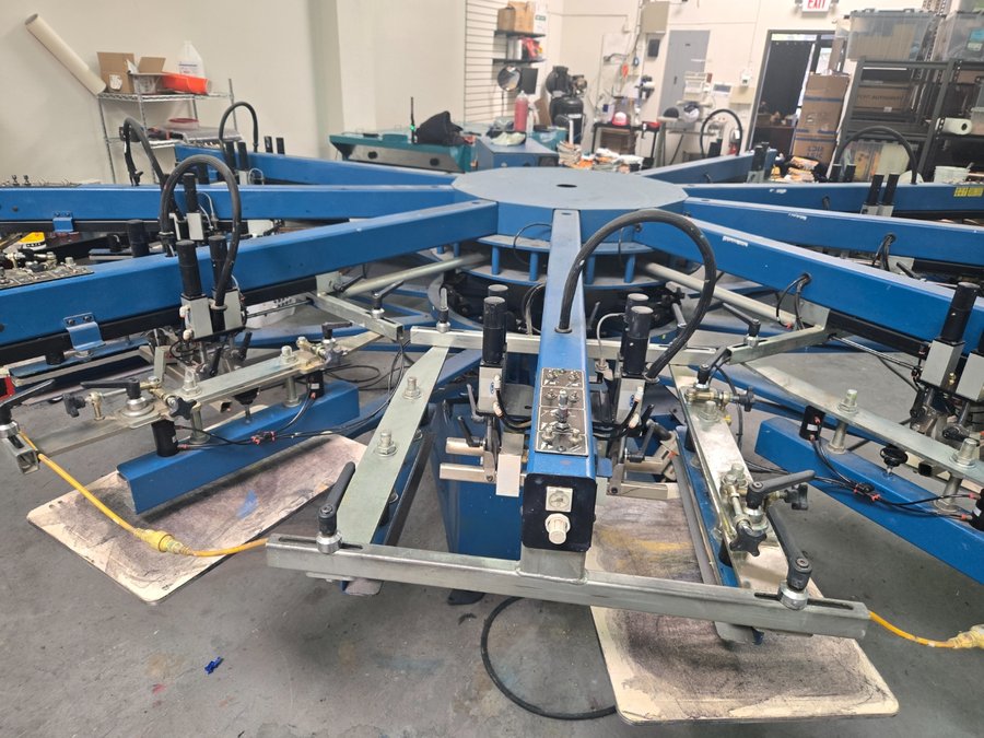 Overhead view of screen printing press at Russell's Print Shop